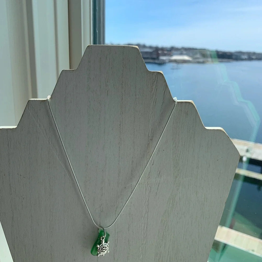 Real sea glass pendant, bright green piece with sea turtle charm